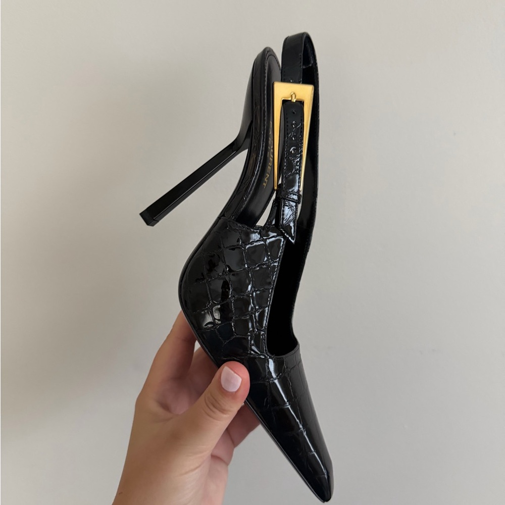 Saint Laurent Black Croc-Embossed Slingback Heels
